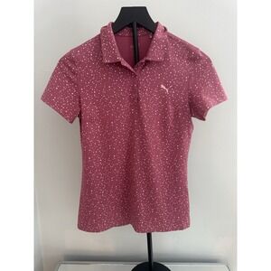 Puma Women's Pink Polka Dot Polo Shirt Sz L Soft Athletic Chic Tennis Golf